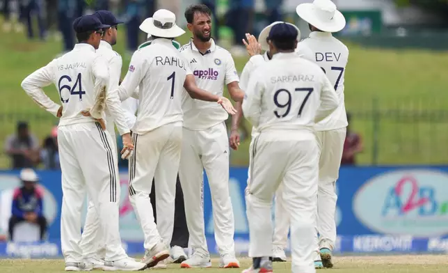 India's Prasidh Krishna celebrates taking the wicket of Sri Lanka's Kamindu Mendis during day three of the second cricket test match between Sri Lanka and India in Colombo, Sri Lanka, Tuesday, Aug. 25, 2026. (AP Photo/Eranga Jayawardena)