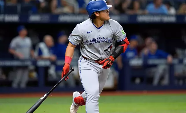 Toronto Blue Jays' Kazuma Okamoto, of Japan, watches his home run off Tampa Bay Rays pitcher Steven Matz during the fifth inning of a baseball game Tuesday, Aug. 18, 2026, in St. Petersburg, Fla. (AP Photo/Chris O'Meara)