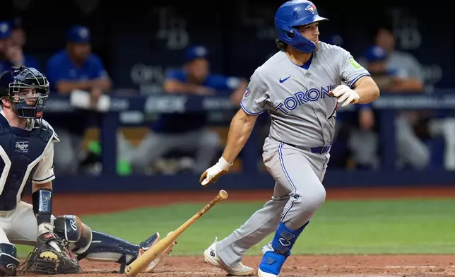 Toronto Blue Jays' Josh Smith watches his single off Tampa Bay Rays pitcher Jesse Scholtens during the ninth inning of a baseball game Tuesday, Aug. 18, 2026, in St. Petersburg, Fla. (AP Photo/Chris O'Meara)