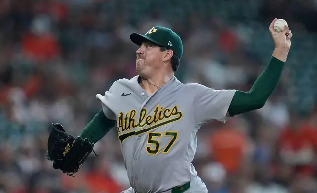 Athletics pitcher Jacob Lopez delivers during the first inning of a baseball game against the Houston Astros, Saturday, Aug. 22, 2026, in Houston. (AP Photo/Kevin M. Cox)