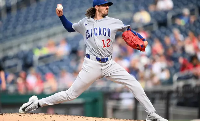 Chicago Cubs pitcher Kevin Gausman throws during the third inning of a baseball game against the Washington Nationals, Thursday, Aug. 13, 2026, in Washington. (AP Photo/Nick Wass)
