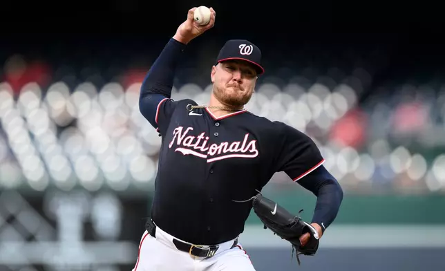 Washington Nationals pitcher Cade Cavalli throws during the first inning of a baseball game against the Chicago Cubs, Thursday, Aug. 13, 2026, in Washington. (AP Photo/Nick Wass)