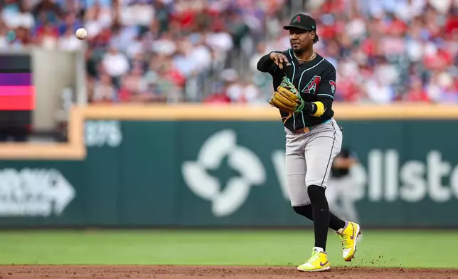 Arizona Diamondbacks shortstop Geraldo Perdomo throws to first base in the second inning of a baseball game against the Atlanta Braves, Friday, Aug. 14, 2026, in Atlanta. (AP Photo/Colin Hubbard)
