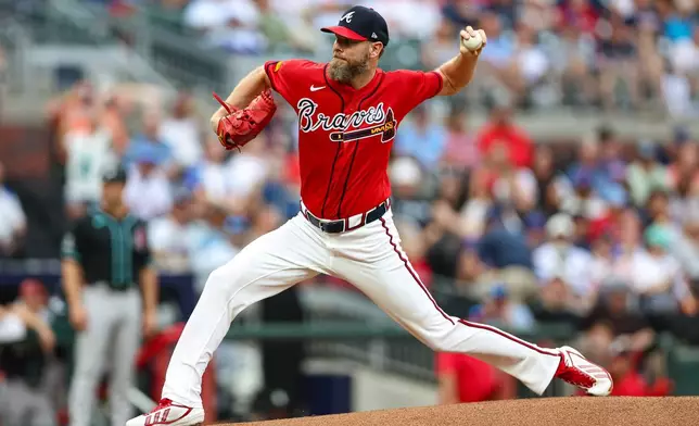 Atlanta Braves pitcher Chris Sale delivers in the first inning of a baseball game against the Arizona Diamondbacks, Friday, Aug. 14, 2026, in Atlanta. (AP Photo/Colin Hubbard)