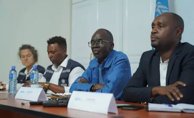 Mohamed Yakub Janabi, second left, WHO regional director for Africa, attends a press conference in Bunia, Congo, Monday, Aug 10, 2026. (AP Photo/Dieudonne Dirole)