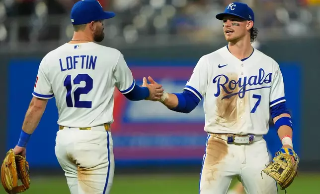 Kansas City Royals' Bobby Witt Jr. (7) and Nick Loftin (12) celebrate after their baseball game against the Minnesota Twins, Tuesday, Aug. 4, {t yr4}, in Kansas City, Mo. (AP Photo/Charlie Riedel)