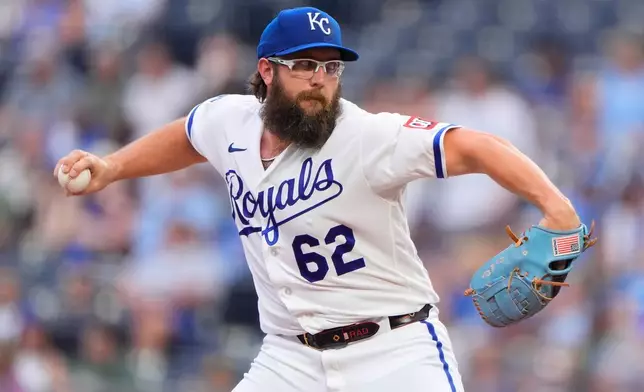 Kansas City Royals starting pitcher Randy Dobnak throws during the first inning of a baseball game against the Kansas City Royals, Tuesday, Aug. 4, 2026, in Kansas City, Mo. (AP Photo/Charlie Riedel)