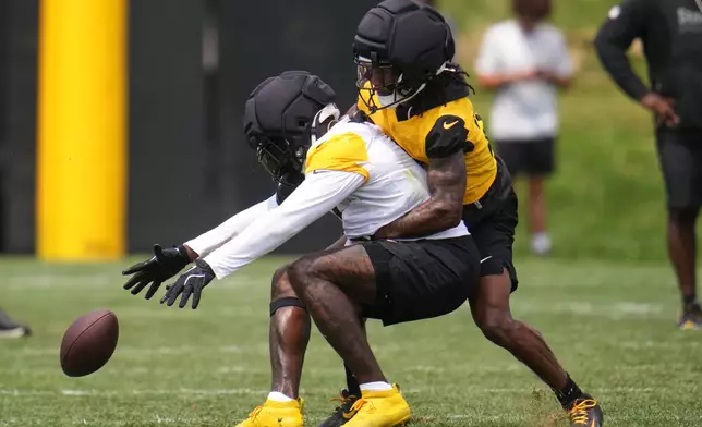 Pittsburgh Steelers cornerback Asante Samuel Jr., right, breaks up a pass intended for wide receiver Dk Metcalf during the NFL team's camp in Latrobe, Pa., Saturday, Aug. 1, 2026. (AP Photo/Gene J. Puskar)