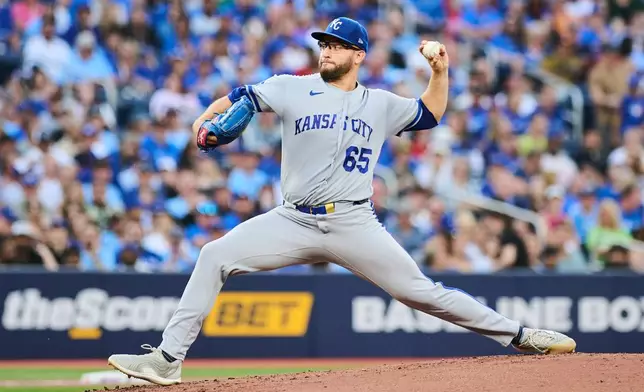 Kansas City Royals pitcher Noah Cameron (65) works against the Toronto Blue Jays during the first inning of a baseball game in Toronto, Thursday, Aug. 27, 2026. (Sammy Kogan/The Canadian Press via AP)