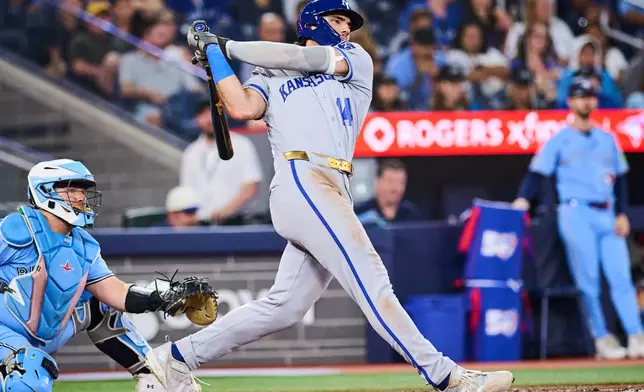 Kansas City Royals' Jac Caglianone (14) hits a two-run single against the Toronto Blue Jays during the sixth inning of a baseball game in Toronto, Thursday, Aug. 27, 2026. (Sammy Kogan/The Canadian Press via AP)