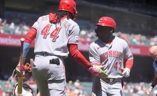 Cincinnati Reds' Héctor Rodríguez (43) is congratulated by Elly De La Cruz (44) after hitting a home run against the San Francisco Giants during the third inning of a baseball game, Wednesday, Aug. 26, 2026, in San Francisco. (AP Photo/Jeff Chiu)