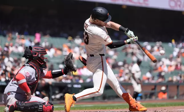 San Francisco Giants' Jonah Cox, right, hits a two-run home run next to Cincinnati Reds catcher Jose Trevino during the second inning of a baseball game, Wednesday, Aug. 26, 2026, in San Francisco. (AP Photo/Jeff Chiu)