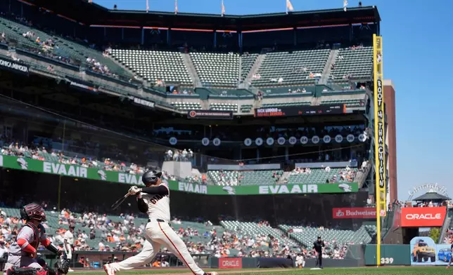 San Francisco Giants' Rafael Devers, second from left, watches his two-run home run next to Cincinnati Reds catcher Jose Trevino, left, during the fifth inning of a baseball game, Wednesday, Aug. 26, 2026, in San Francisco. (AP Photo/Jeff Chiu)