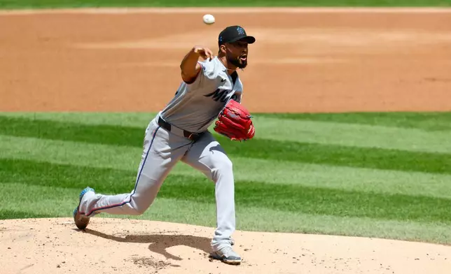 Miami Marlins pitcher Sandy Alcantara throws against the New York Mets during the first inning of a baseball game, Sunday, Aug. 2, 2026, in New York. (AP Photo/Noah K. Murray)