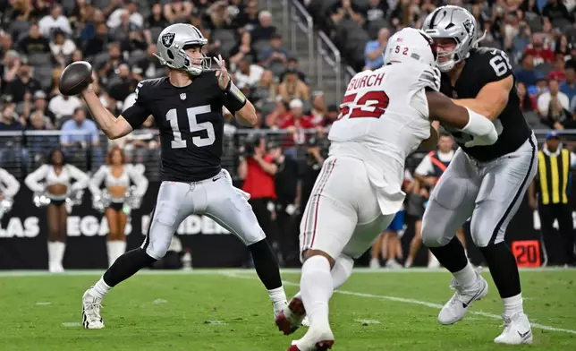 Las Vegas Raiders quarterback Fernando Mendoza (15) throws against the Arizona Cardinals during the first half of a preseason NFL football game, Thursday, Aug. 13, 2026, in Las Vegas. (AP Photo/David Becker)