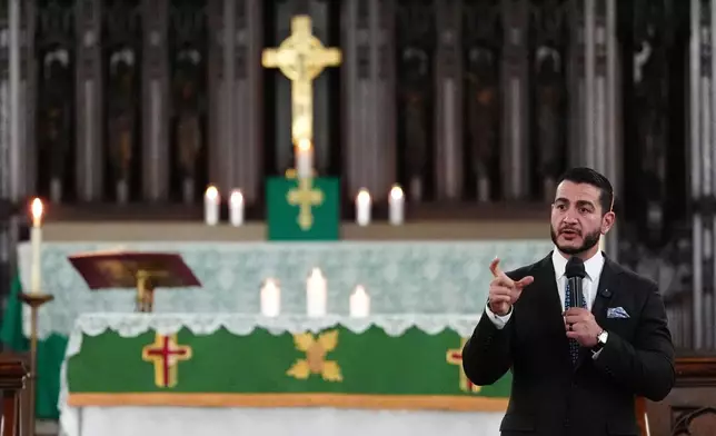 Abdul El-Sayed, a progressive candidate in the Democratic primary for U.S. Senate in Michigan, speaks during a service at Church of the Messiah, Sunday, Aug. 2, 2026, in Detroit. (AP Photo/Julia Demaree Nikhinson)