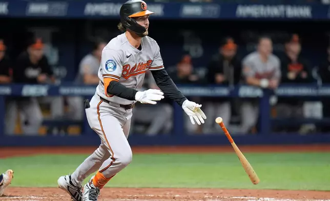 Baltimore Orioles' Dylan Beavers watches his two-run single off Tampa Bay Rays pitcher Kevin Kelly during the seventh inning of a baseball game Friday, Aug. 14, 2026, in St. Petersburg, Fla. (AP Photo/Chris O'Meara)