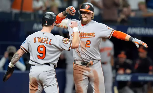 Baltimore Orioles' Gunnar Henderson (2) celebrates his two-run home run off Tampa Bay Rays pitcher Chris Roycroft with Tyler O'Neill (9) during the eighth inning of a baseball game Friday, Aug. 14, 2026, in St. Petersburg, Fla. (AP Photo/Chris O'Meara)