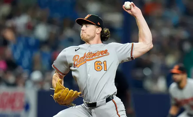 Baltimore Orioles pitcher Josh Walker delivers to the Tampa Bay Rays during the sixth inning of a baseball game Friday, Aug. 14, 2026, in St. Petersburg, Fla. (AP Photo/Chris O'Meara)