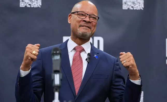 FILE - Gubernatorial candidate Aaron Ford, attorney general of Nevada, reacts during a primary election night watch party after winning the Democratic nomination, June 9, 2026, in Las Vegas. (AP Photo/Jae C. Hong, File)