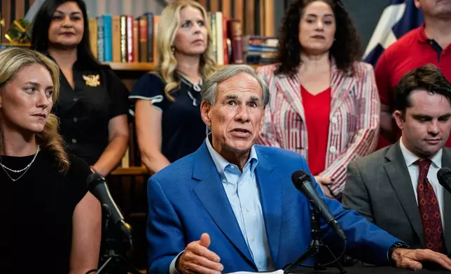 Texas Gov. Greg Abbott speaks at a press conference addressing foreign influence in public education at the Texas Public Policy Foundation in Austin, Tuesday, Aug. 18, 2026. (Sara Diggins/The San Antonio Express-News via AP)