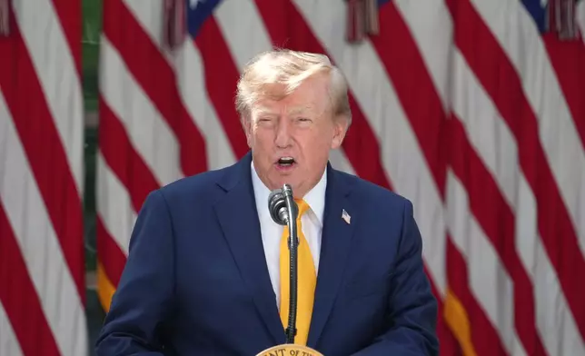 President Donald Trump speaks during a back to school event in the Rose Garden of the White House, Monday, Aug. 24, 2026, in Washington. (AP Photo/Alex Brandon)