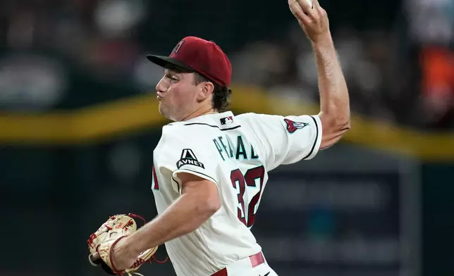 Arizona Diamondbacks starting pitcher Brandon Pfaadt throws against the San Diego Padres during the first inning of a baseball game, Monday, Aug. 3, 2026, in Phoenix. (AP Photo/Ross D. Franklin)