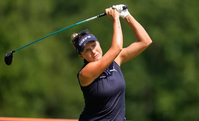 Lexi Thompson hits of the 14th tee during the first round of the LPGA FM Championship golf tournament in Norton, Mass., Thursday, Aug. 27, 2026. (AP Photo/Charles Krupa)