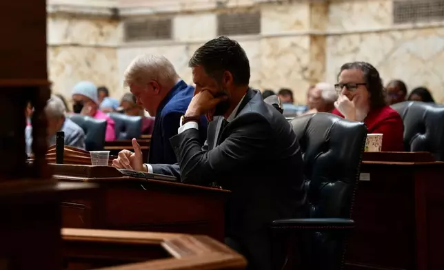 Maryland lawmakers deliberate in the House Chambers during a reading of a proposed constitutional amendment Tuesday, Aug. 4, 2026, in Annapolis, Md., that would allow a redrawn congressional map. (AP Photo/Mingson Lau)