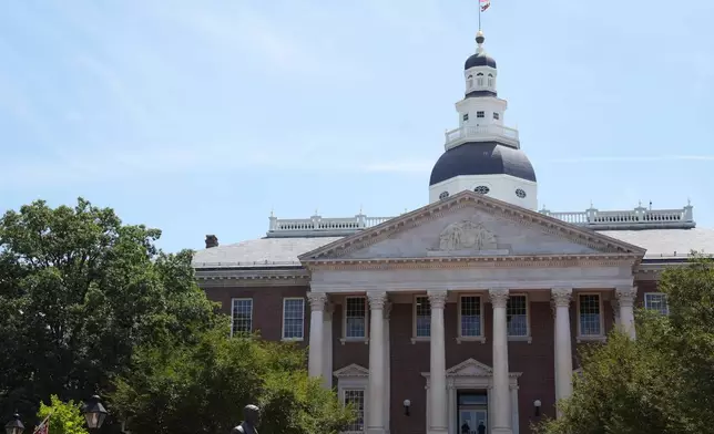 People stand at the doors of the Maryland State House on Tuesday, Aug. 4, 2026, in Annapolis, Md. (AP Photo/Mingson Lau)