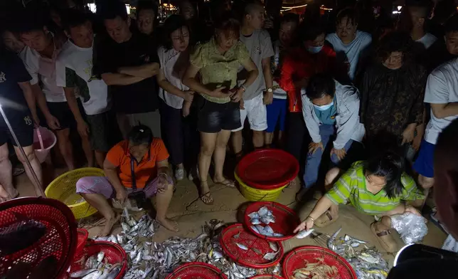 FILE - Locals and tourists gather to look at a fishers' catch on a beach in Rongshanliao village on southern China's Hainan province, Aug. 23, 2026. (AP Photo/Ng Han Guan, File)