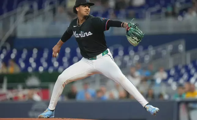 Miami Marlins starting pitcher Eury Perez aims a pitch during the first inning of a baseball game against the Pittsburgh Pirates Tuesday, Aug. 11, 2026, in Miami. (AP Photo/Marta Lavandier)