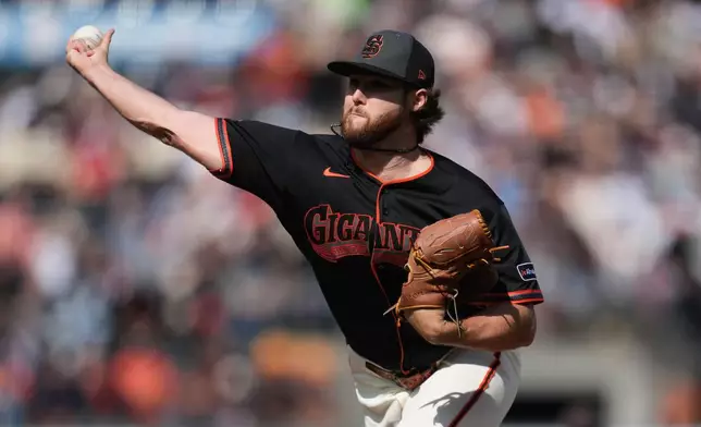 San Francisco Giants pitcher Landen Roupp throws against the Detroit Tigers during the first inning of a baseball game, Saturday, Aug. 8, 2026, in San Francisco. (AP Photo/Jeff Chiu)
