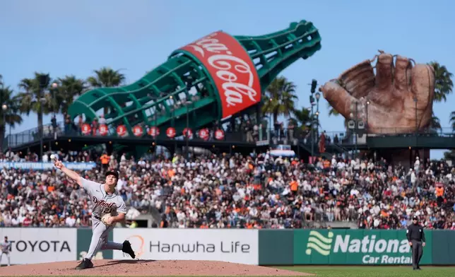 Detroit Tigers pitcher Jackson Jobe throws against the San Francisco Giants during the third inning of a baseball game, Saturday, Aug. 8, 2026, in San Francisco. (AP Photo/Jeff Chiu)