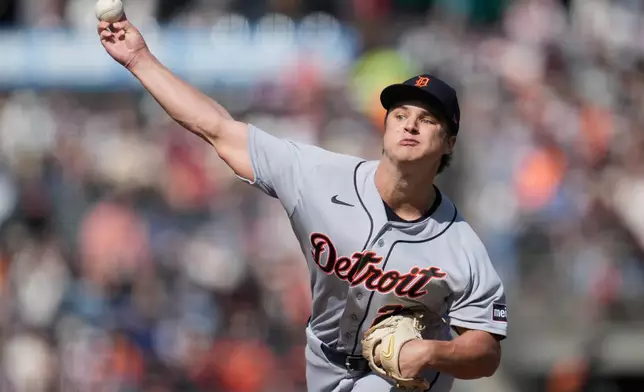 Detroit Tigers pitcher Jackson Jobe throws against the San Francisco Giants during the first inning of a baseball game, Saturday, Aug. 8, 2026, in San Francisco. (AP Photo/Jeff Chiu)