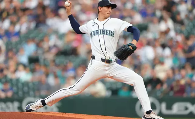 Seattle Mariners starting pitcher George Kirby throws against the Philadelphia Phillies during the first inning of a baseball game, Tuesday, Aug. 25, 2026, in Seattle. (AP Photo/Lindsey Wasson)