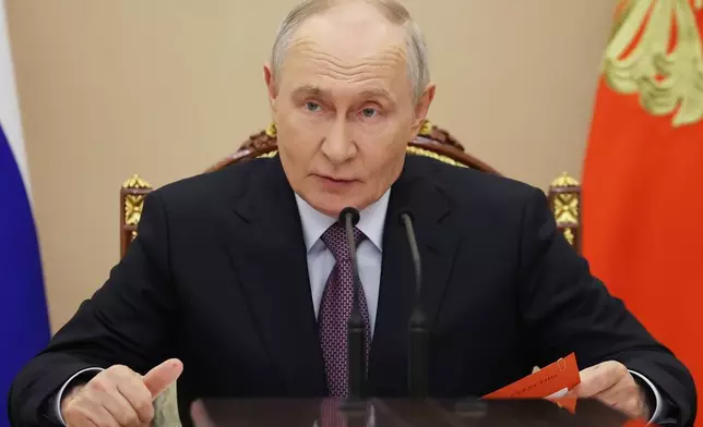 Russian President Vladimir Putin holds the Security Council meeting in Moscow, Friday, Aug. 7, 2026. (Alexander Kazakov, Sputnik, Kremlin Pool Photo via AP)