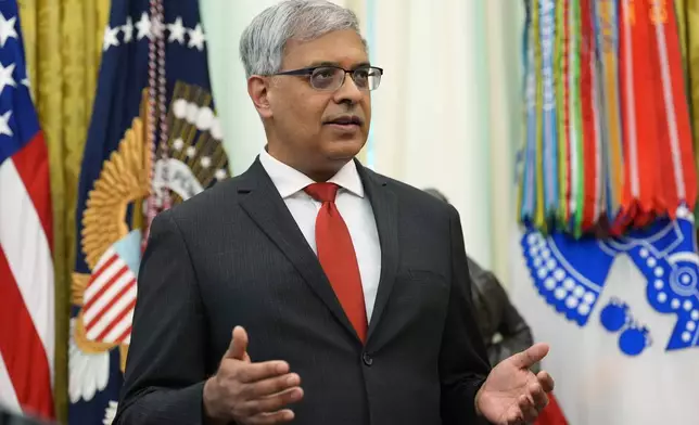 National Institutes of Health Director Dr. Jay Bhattacharya speaks during a meeting to sign an executive order about vaccines, Monday, Aug. 10, 2026, in the Oval Office of the White House in Washington. (AP Photo/Jacquelyn Martin)