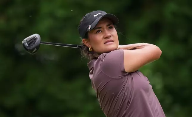 Kiara Romero, of the U.S., watches her tee shot on the fourth hole during the third round at the LPGA Women's Open golf tournament, in Edmonton, Saturday, Aug. 22, 2026. (Darryl Dyck/The Canadian Press via AP)