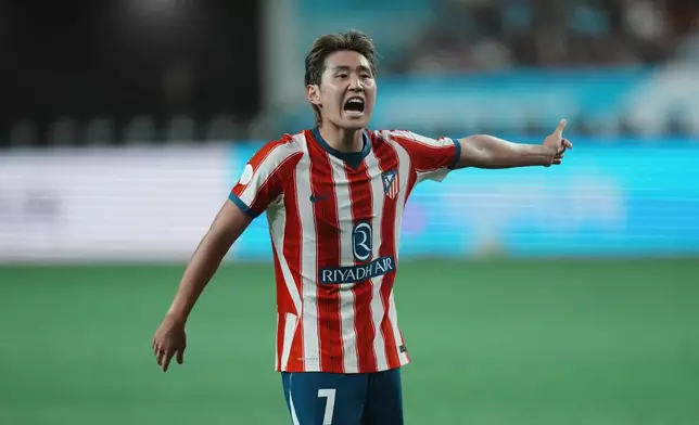 Atletico Madrid's Lee Kang-in reacts during the preseason friendly soccer match between Manchester City and Atletico Madrid in Seoul, South Korea, Sunday, Aug. 9, 2026. (AP Photo/Lee Jin-man)