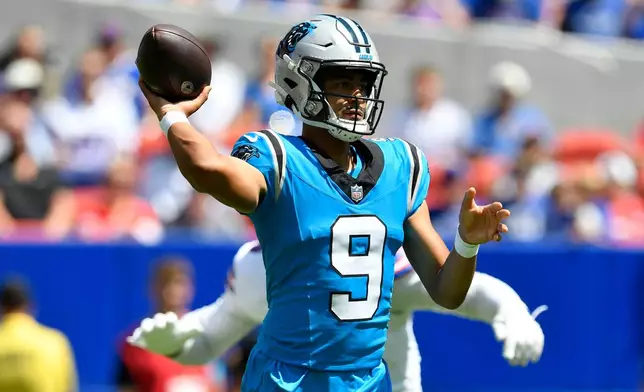 Carolina Panthers quarterback Bryce Young throws a pass during the first half of a preseason NFL football game against the Buffalo Bills, Saturday, Aug. 15, 2026, in Orchard Park, N.Y. (AP Photo/Adrian Kraus)