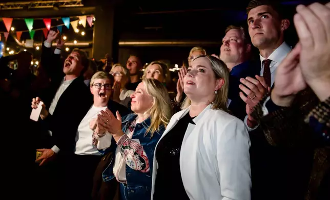 Leaders of the No campaign react as early results from rural Iceland put the No side ahead during an election-night gathering in Reykjavik, Iceland, Saturday, Aug. 29, 2026. (AP Photo/Marco Di Marco)