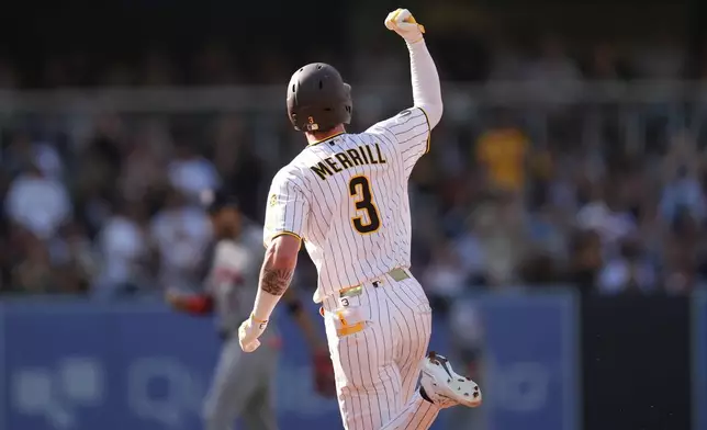 San Diego Padres' Jackson Merrill celebrates after hitting a home run during the third inning of a baseball game against the Houston Astros Saturday, Aug. 8, 2026, in San Diego. (AP Photo/Gregory Bull)