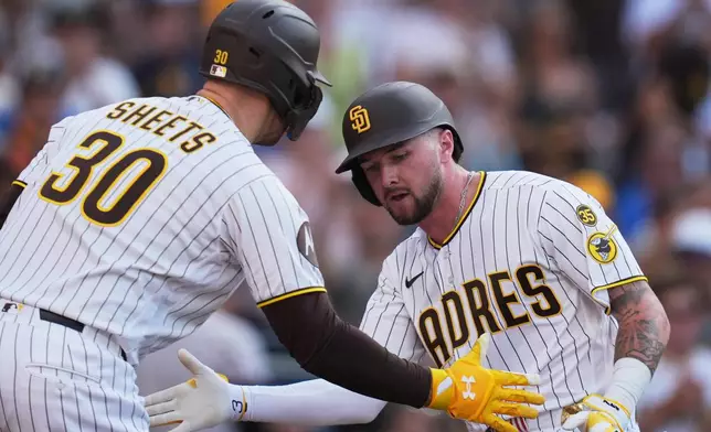 San Diego Padres' Jackson Merrill, right, celebrates with teammate Gavin Sheets (30) after hitting a home run during the third inning of a baseball game against the Houston Astros Saturday, Aug. 8, 2026, in San Diego. (AP Photo/Gregory Bull)