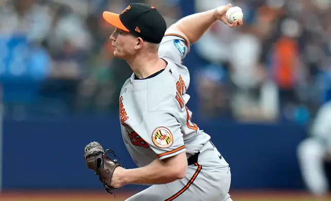 Baltimore Orioles' Alex Hoppe pitches to the Tampa Bay Rays during the seventh inning of a baseball game Sunday, Aug. 16, 2026, in St. Petersburg, Fla. (AP Photo/Chris O'Meara)