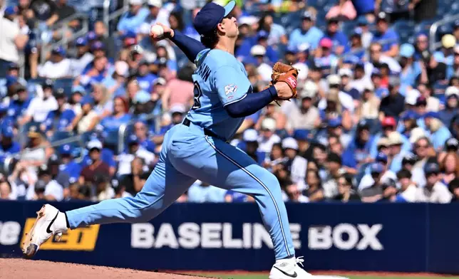 Toronto Blue Jays pitcher Ricky Tiedemann throws to a New York Yankees batter in his MLB debut during second inning of a baseball game in Toronto, Saturday, Aug. 15, 2026. (Jon Blacker/The Canadian Press via AP)