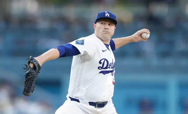 Los Angeles Dodgers starting pitcher Tarik Skubal throws during the first inning of a baseball game against the Kansas City Royals, Monday, Aug. 10, 2026, in Los Angeles. (AP Photo/Caroline Brehman)