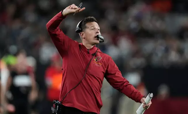 Arizona Cardinals head coach Mike LaFleur reacts to play against the Dallas Cowboys in the second half of a preseason NFL football game Saturday, Aug. 22, 2026, in Glendale, Ariz. (AP Photo/Ross D. Franklin)