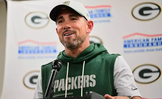 Green Bay Packers head coach Matt LaFleur responds to a question during a news conference after the team's preseason NFL football game against the Pittsburgh Steelers in Pittsburgh, Thursday, Aug. 13, 2026. (AP Photo/David Dermer)