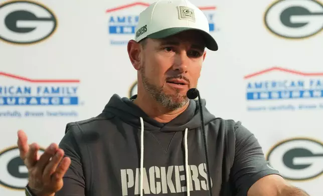 Green Bay Packers head coach Matt LaFleur responds to a question during a news conference after an NFL preseason football game against the Denver Broncos Friday, Aug. 21, 2026, in Denver. (AP Photo/David Zalubowski)